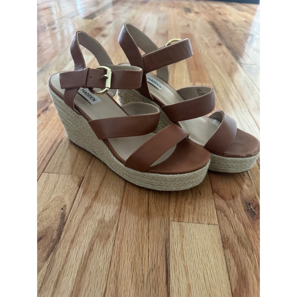 Steve Madden Valery Brown Leather Espadrille Wedge Sandals Cognac VALE02S1 8M